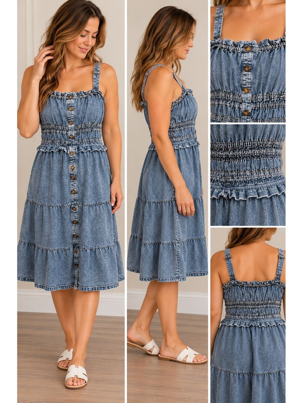 White Birch dress, denim sundress, acid wash dress, smocked midi dress, tiered